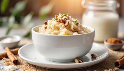 Delicious bowl of creamy rice pudding with nuts
