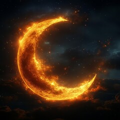Fiery Crescent Moon in the Night Sky