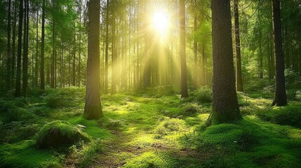 Obraz premium Tranquil forest bathed in soft sunlight, earthy tones blending harmoniously, evoking peace and natural serenity.