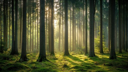 Fototapeta premium Tranquil forest bathed in soft sunlight, earthy tones blending harmoniously, evoking peace and natural serenity.