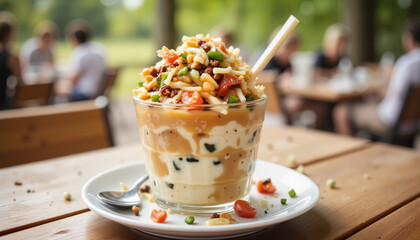 Delicious layered dessert in glass on wooden table
