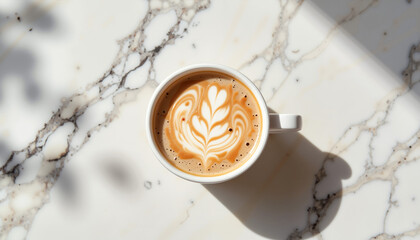 Coffee latte art in white cup on marble surface