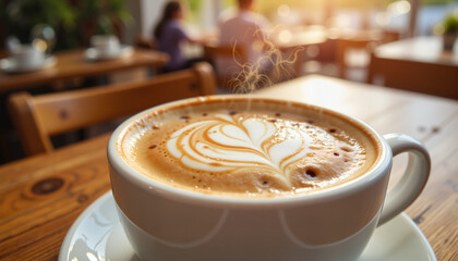 Steaming cup of latte art on wooden table in café