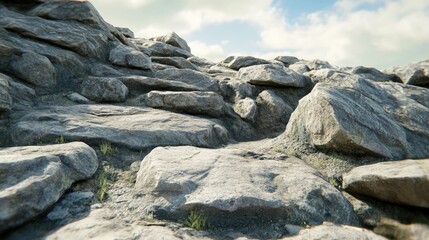 Gray rock formation with some small vegetation and a blue sky