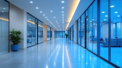 Modern Office Corridor: Serene Blue Hues and Glass Walls
