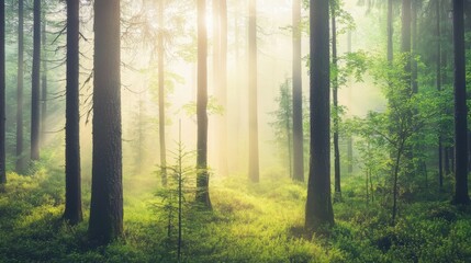 Fototapeta premium Tranquil forest bathed in soft sunlight, earthy tones blending harmoniously, evoking peace and natural serenity.
