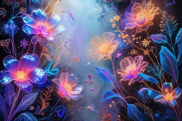 Obraz premium Enchanting Dreamlike Abstract Art Background with Iridescent Line Art Flowers and Surreal Foliage