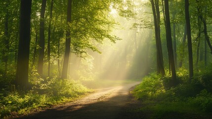 Obraz premium Tranquil forest bathed in soft sunlight, earthy tones blending harmoniously, evoking peace and natural serenity.