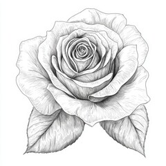 Elegant Black and White Sketch of a Rose with Intricate Petals and Leaves for Artistic Expression and Floral Design Inspiration