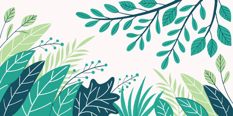 Hand-drawn green leaves pattern with botanical elements, nature-inspired seamless design for wallpaper, fabric, elegant and fresh decorative background, modern plant-themed artwork