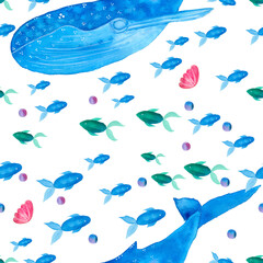 Deep Sea Seamless Watercolor Pattern Transparent Background