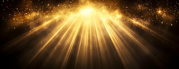 Fototapeta premium Golden light rays, dark background, sparkles, stage