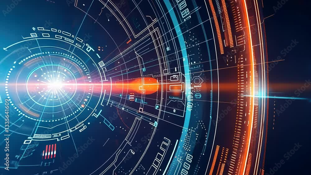 Poster futuristic digital interface, layered with concentric circles, glowing data streams, and dynamic lin