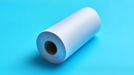 White thermal paper roll on blue background.