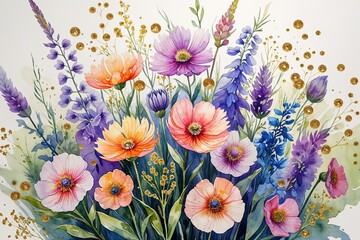 Lush Watercolor Wildflowers with Shimmering Gold Embellishments