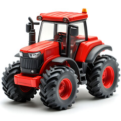 Obraz premium A red toy tractor, with oversized wheels and a durable design, isolated on a white background. 