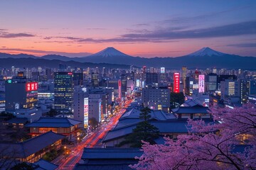 Magical Twilight Panorama of Japanese Cityscape with Neon Hues and Blossoming Sakura