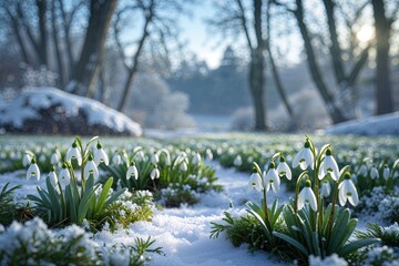 Serene Winter Wonderland Panorama Featuring Delicate White Snowdrop Flowers