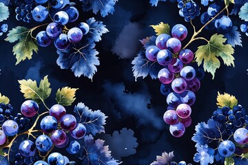 Elegant Deep Indigo Floral Wallpaper with Grape Banner and Watercolor Texture