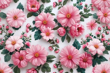 Floral Pattern of Pink Flowers on a White Background - Flat Lay Composition