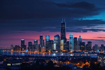 Vivid City Skyline with Evening Lights and Modern Architecture on a Deep Navy Backdrop