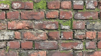Obraz premium An old weathered brick wall covered with patches of green moss