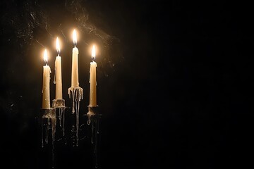 Melted candles glow in dark room