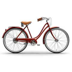 Fototapeta premium A red bicycle with a black seat and white wall tires. The frame of the bicycle has a vintage design with a basket in the front.