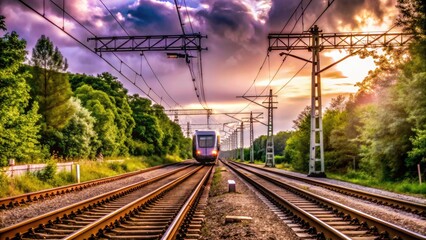 Electric Train Transmission Line Inspection: Afternoon Station Condition - High Voltage Power Lines Railway Infrastructure