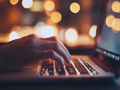 Person Typing on Laptop Keyboard at Night with Bokeh Background