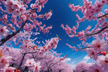 Stunning 3D Imagery of Cherry Blossoms Against a Deep Blue Sky