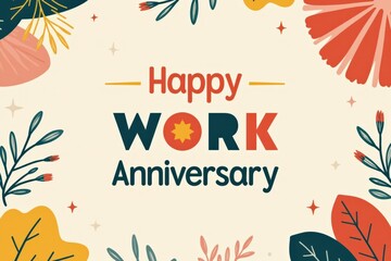 Happy Work Anniversary Card Featuring Colorful Floral Designs and Playful Typography Celebrating Professional Milestones