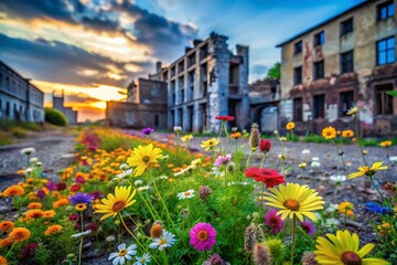 Wildflowers Blooming in Urban Decay: Hope Amidst Ruins - Stock Photo