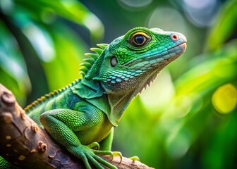 Fototapeta premium Wild Green Lizard on Branch, Copy Space, Nature Stock Photo