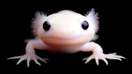 Albino axolotl close-up, black background.