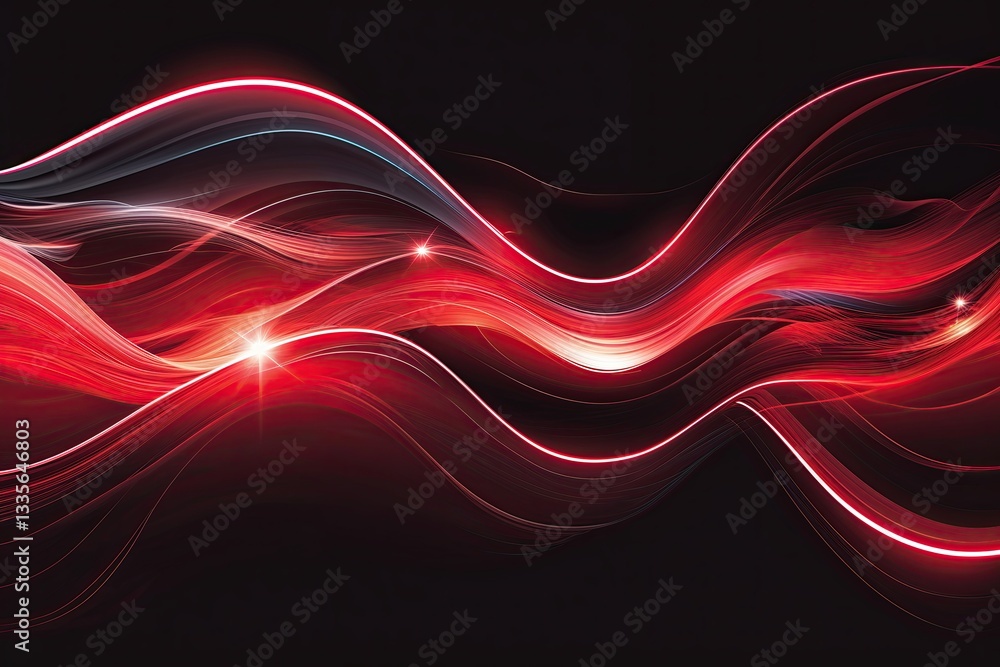 Poster red light waves with fluid color trails and shimmering luminescence vector design