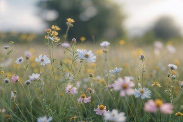 Soft Focus Meadow Flowers in Gentle Tones for a Calm Natural Backdrop