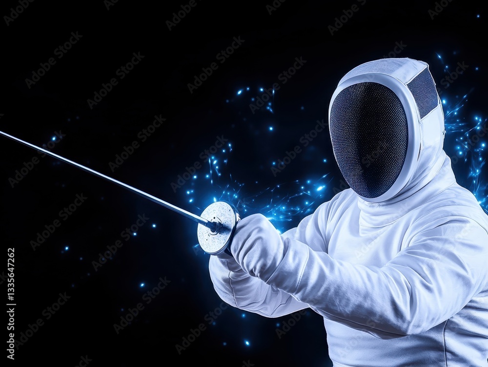 Poster fencer in action with dynamic sparks on a dark background