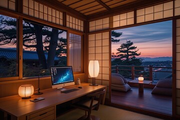 Inviting Japanese Den with Cozy Workspace and Warm Dusk Ambience