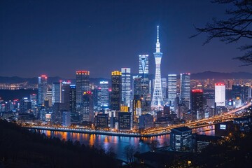 Naklejka premium Captivating Nighttime Scenery of Nagano City's Skyline with Bright City Lights