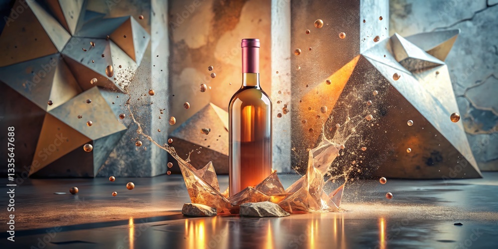 Poster wine bottle splash: urban concrete bokeh, pastel 3d floating objects