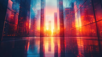 Fototapeta premium Urban Sunset Reflection: A Cityscape at Dawn