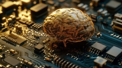 Futuristic Brain on Circuit Board with Glowing Technology Elements