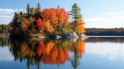 Obraz premium Autumn island reflected in calm lake. Vibrant fall foliage mirrored perfectly