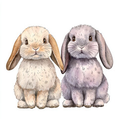 Fototapeta premium Cute Holland Lop Rabbit, Two adorable hand drawn watercolor rabbits with floppy ears, sitting together,Kawaii bunny Isolated design on white background