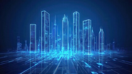 Futuristic City Skyline with Neon Lights and Digital Elements