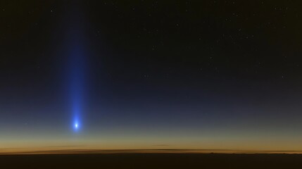 Bright light beam descends from dark night sky to horizon.