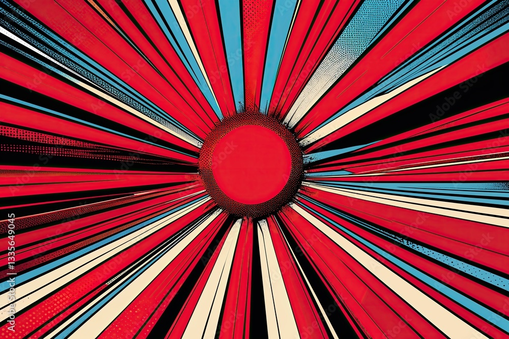 Poster bright red rays background in vector art style with comic and pop texture
