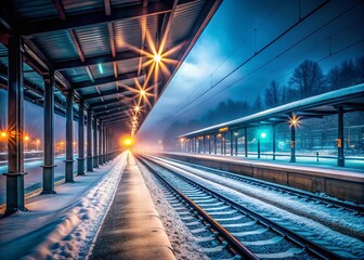 Winter Night Train Station Platform - Long Exposure Photography