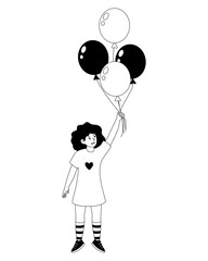 Young girl happily holding balloons in a playful illustration